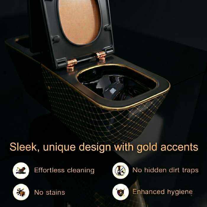 Bassino Black & Gold Designer Wall Hung Toilet – Rimless WC with UF Seat Cover | Luxury Modern Bathroom | 20.5 x 13.5 x 14 inches