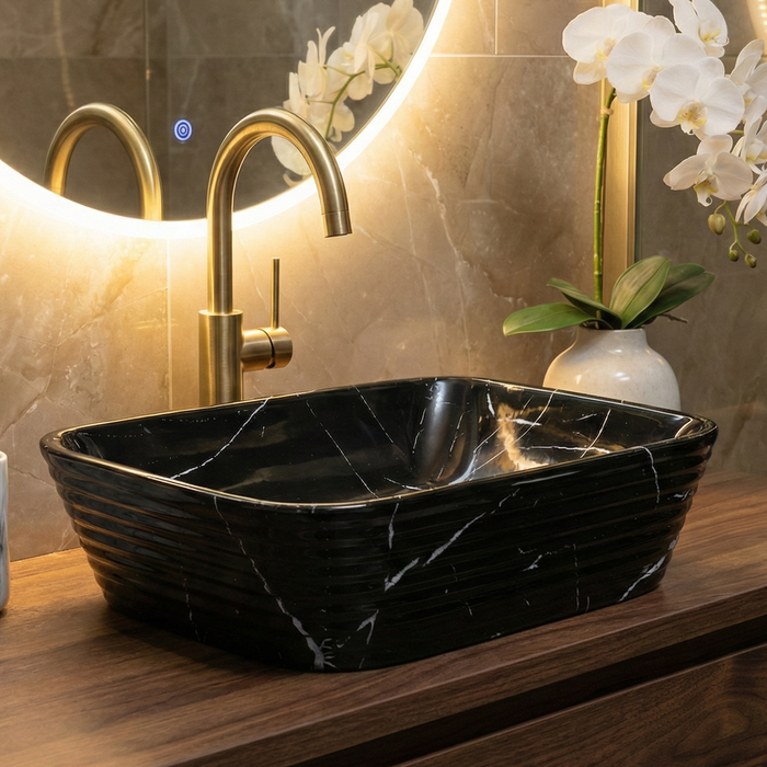 Modern Marble finish Countertop Wash Basin | (20" × 15"× 6" IN) Designer Bathroom Sink Black