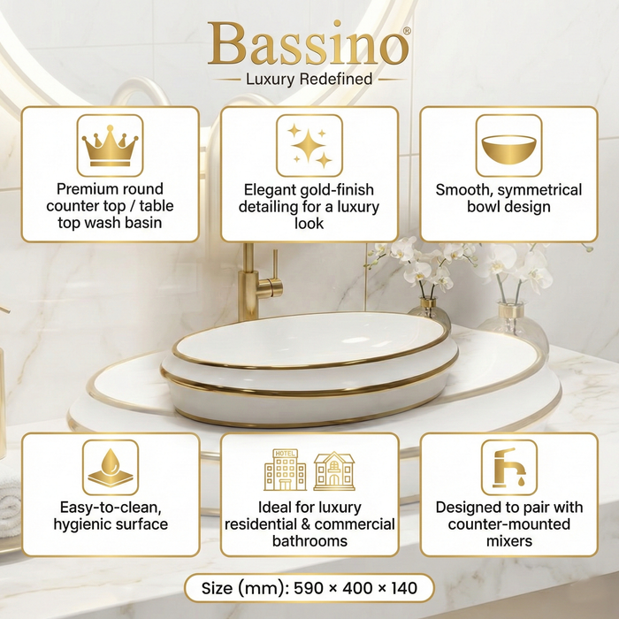 Bassino Luxury Round Counter Top Wash Basin with Gold Finish | Designer Table Top Basin | Approx. 23 × 16 × 6 Inches