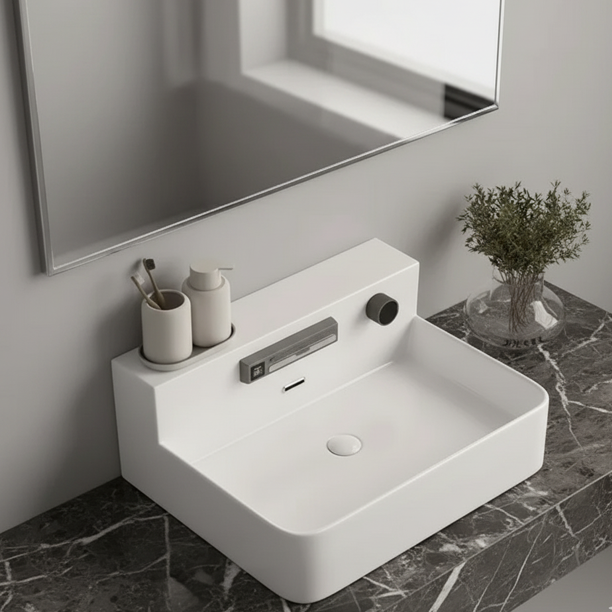 Glossy White Ceramic Basin with Dual-Flow Waterfall Faucet (Hot & Cold) 24 x 16 x 6 In - FLOWBOX