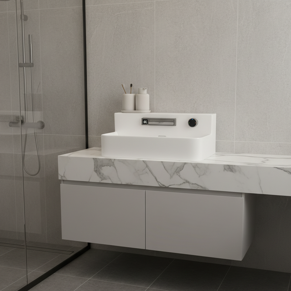 Glossy White Ceramic Basin with Dual-Flow Waterfall Faucet (Hot & Cold) 24 x 16 x 6 In - FLOWBOX