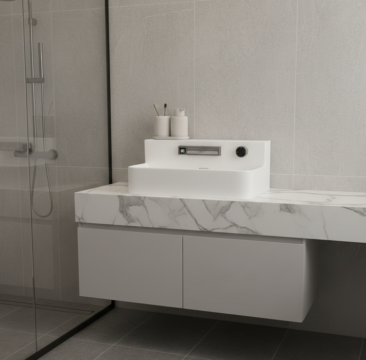 Glossy White Ceramic Basin with Dual-Flow Waterfall Faucet (Hot & Cold) 24 x 16 x 6 In - FLOWBOX