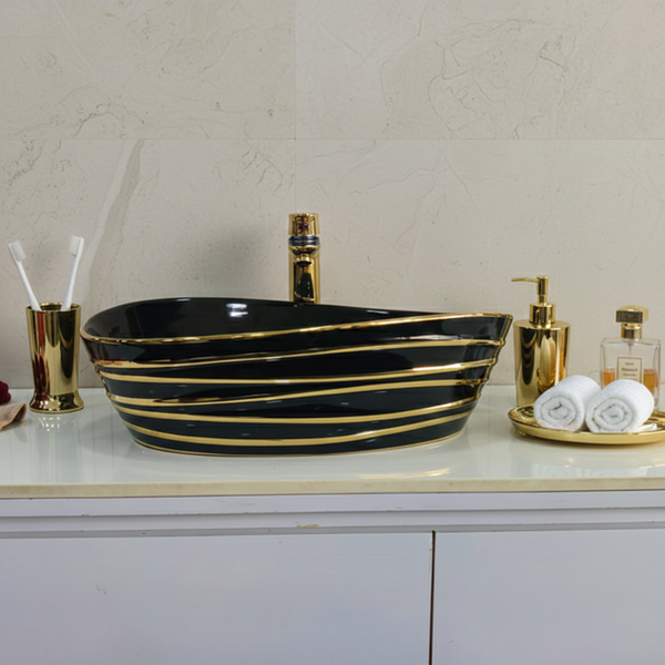 Premium Designer Ceramic Table Top Wash Basin, Black, Gold & Rose Gold Finish (22 x 14 x 6.5 In) Black