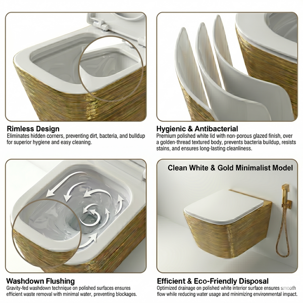 Bassino NCWH 1088 Wall Hung Toilet (21 x 14 x 5 Inches) – White Glossy Inside with Gold Texture Finish | Modern Designer WC