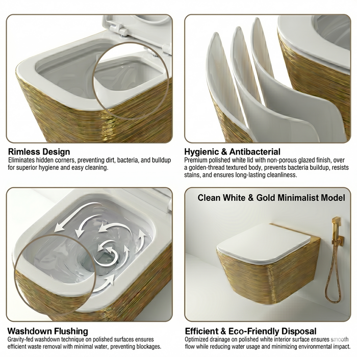 Bassino NCWH 1088 Wall Hung Toilet (21 x 14 x 5 Inches) – White Glossy Inside with Gold Texture Finish | Modern Designer WC