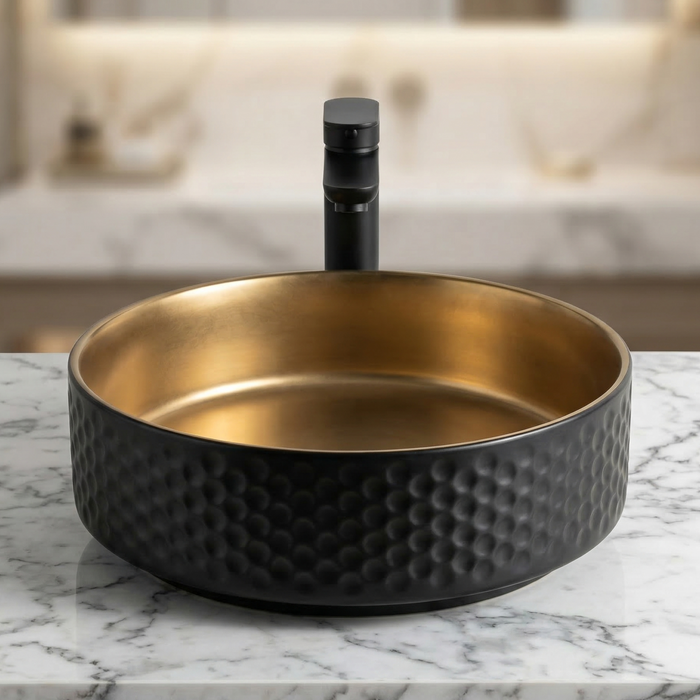 BASSINO Designer Table Top Basin – Luxury Round Countertop Wash Basin | Dual Finish (Size: 15″ × 15″ × 5″)