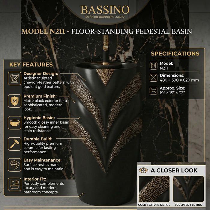 BASSINO Designer Pedestal Basin – 19″ x 15″ x 32″ in Floor Standing Ceramic Wash Basin | Luxury Black Pedestal Sink