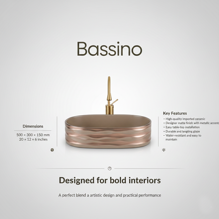 Bassino Premium Table Top Wash Basin – 20 × 12 × 6 Inches | Matte Dark Khaki & Rose Gold