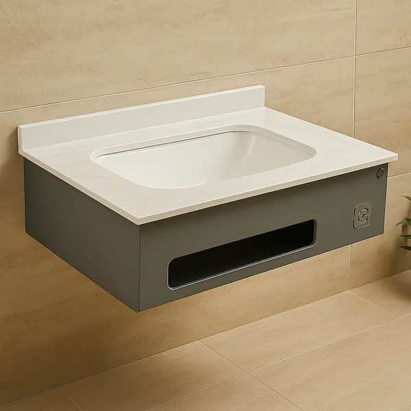 White Metal Shelf with White Rock Stone & GVT Slab Top with Basin (24x18x8 In)