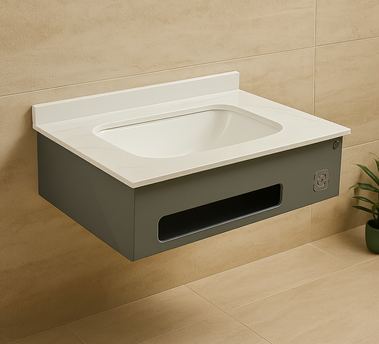 White Metal Shelf with White Rock Stone & GVT Slab Top