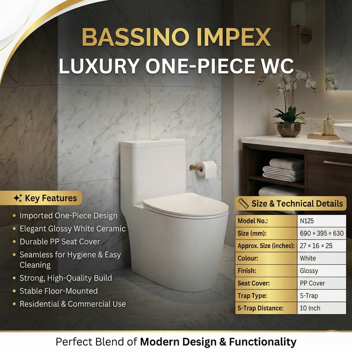 Luxury Imported One-Piece Western Toilet | Glossy Floor Mounted WC with PP Cover | Approx. 27 × 16 × 25 Inches