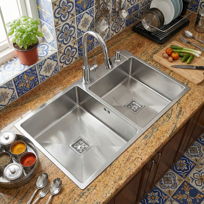 Premium SS 304 Grade Double Different Bowl Kitchen Sink, Matte, 45x20x9 In, 25 Years Warranty