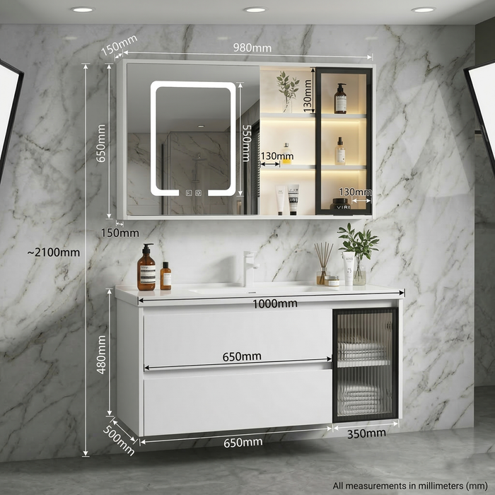 BASSINO Bathroom Vanity Cabinet Set – 40″ Plywood Vanity with Ceramic Basin & 38″ LED Mirror Cabinet