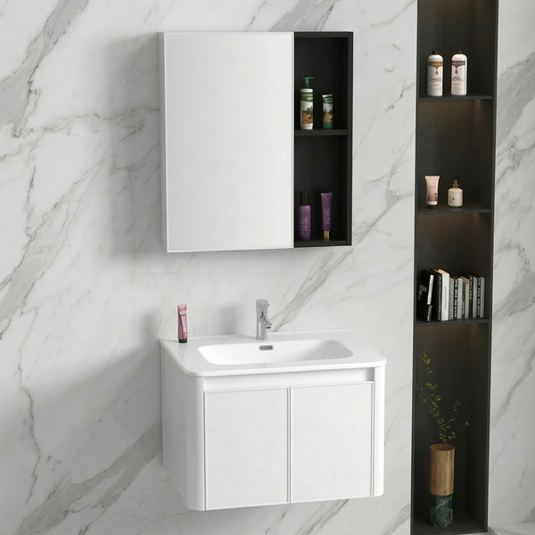 BASSINO Bathroom Vanity Cabinet Set – 24″ Carbon Fiber Vanity with Ceramic Basin & 22″ Mirror Cabinet