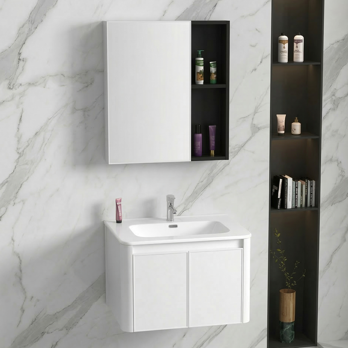 BASSINO Bathroom Vanity Cabinet Set – 24″ Carbon Fiber Vanity with Ceramic Basin & 22″ Mirror Cabinet