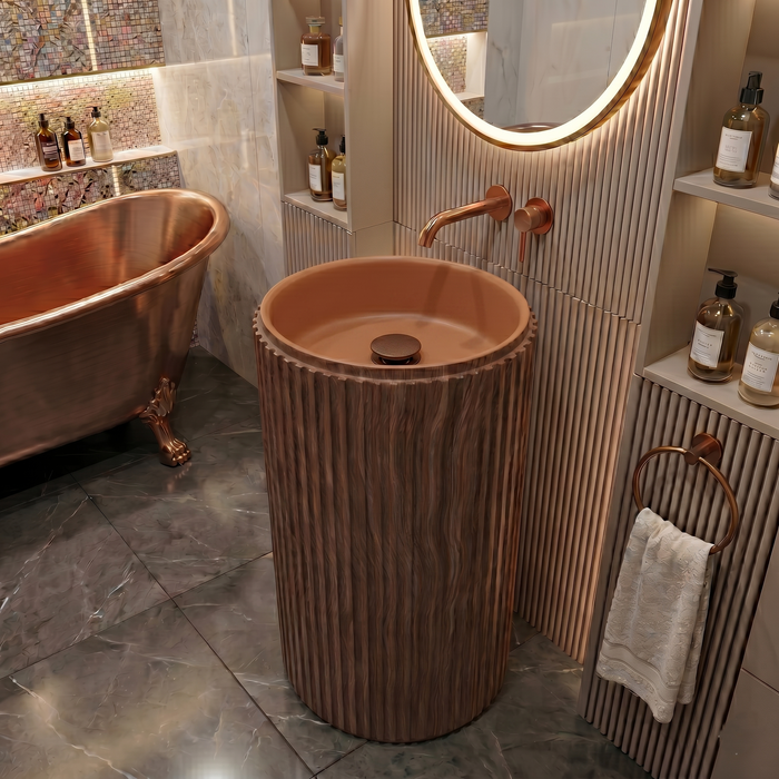 Bassino Wooden Texture Pedestal Basin – Artificial Stone (18×18×36 inch)