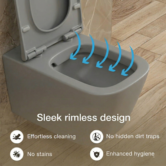 Bassino Full Matt Grey Wall Hung Toilet – Rimless WC with UF Seat Cover | 20.5 x 13.5 x 14.2 Inches