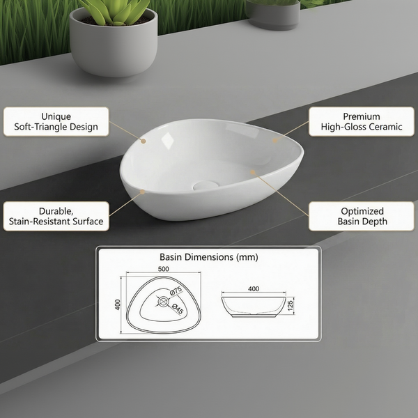 Premium Modern Ceramic White Triangular Table Top Basin (IGNIS) (500x400x125mm)