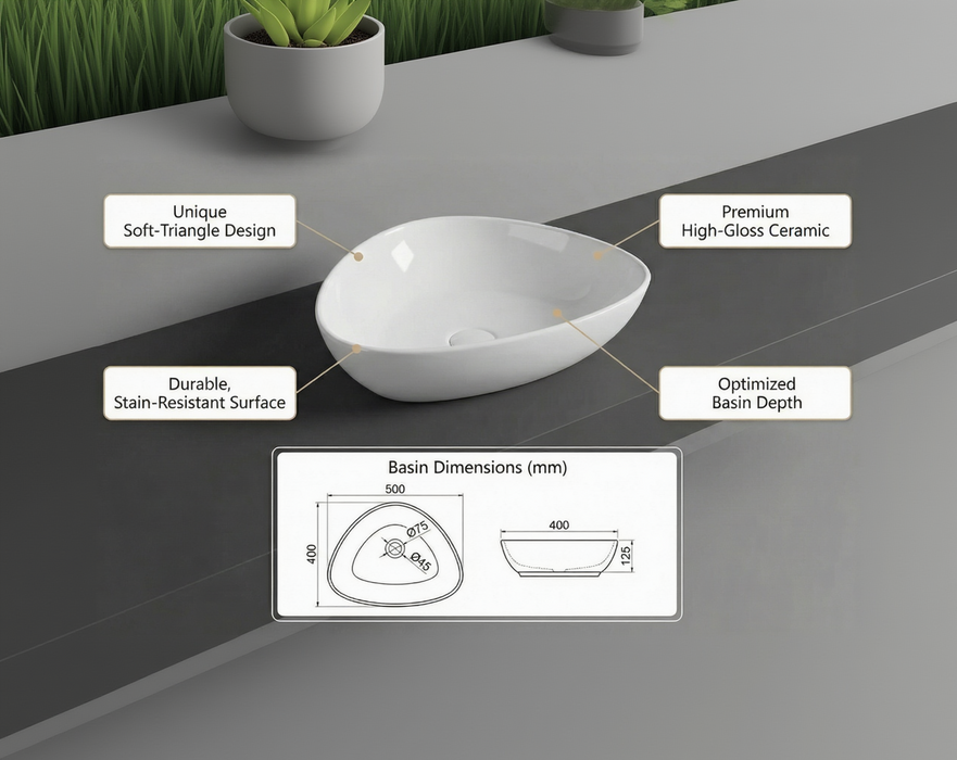 Premium Modern Ceramic White Triangular Table Top Basin (IGNIS) (500x400x125mm)