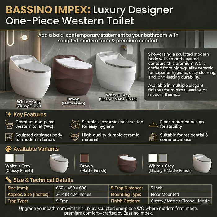 Luxury Designer One-Piece Western Toilet | Modern Sculpted Floor Mounted WC | Approx. 26 × 18 × 24 Inches