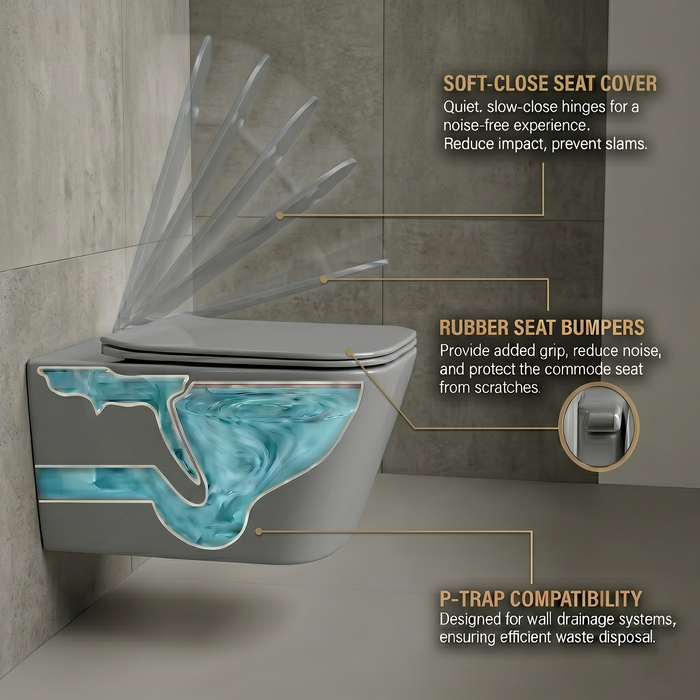 Bassino Wall Hung Toilet – Glossy Grey | 20.5 x 13.5 x 14 Inches Modern WC