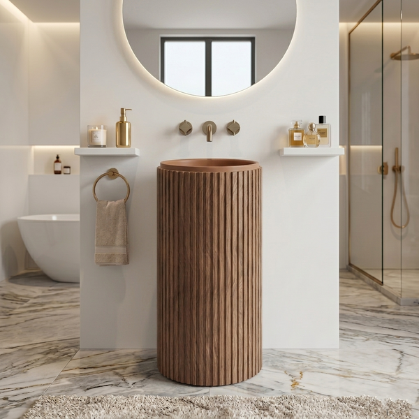Bassino Wooden Texture Pedestal Basin – Artificial Stone (18×18×36 inch)
