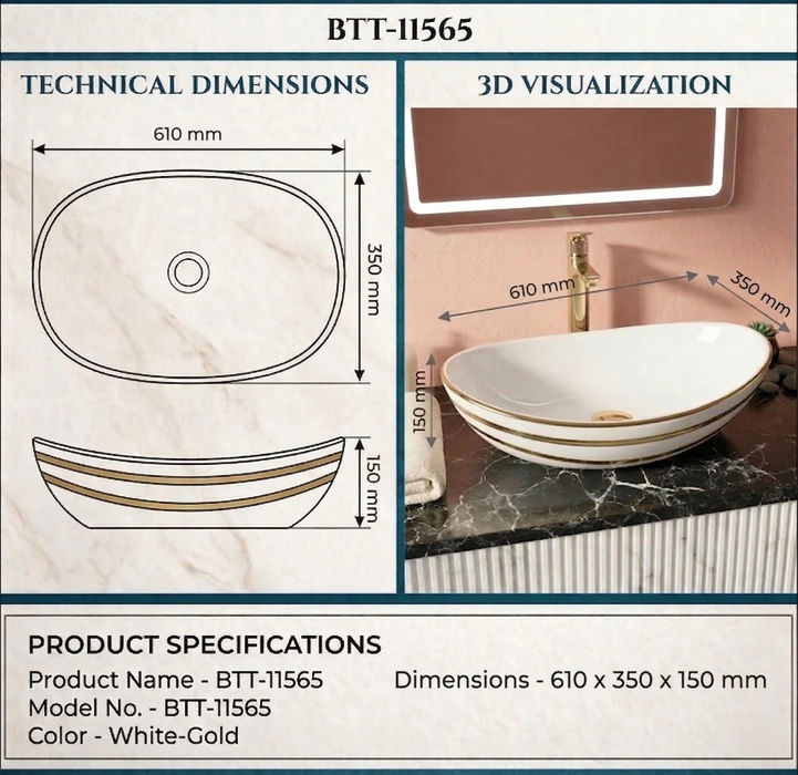 Luxury Gold Detailing Countertop Wash Basin | Designer Table Top Bathroom Basin (24" × 14" × 6" IN) White Gold stripes