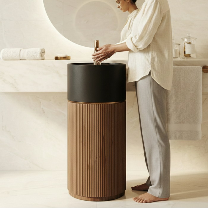 Luxury Artificial Pedestal Basin with Wooden Finish | Designer Freestanding Wash Basin | 19 × 19 × 37 In