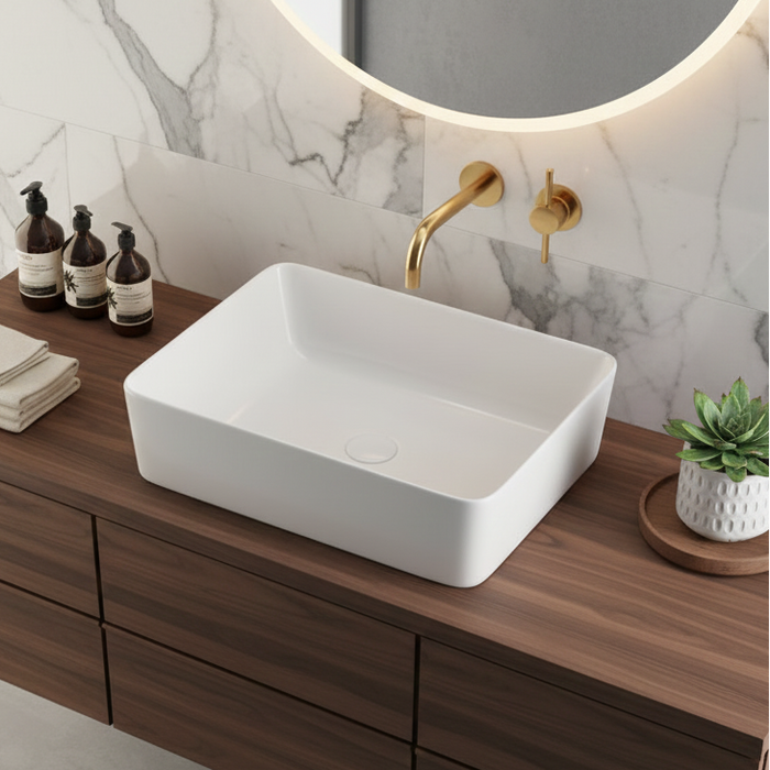 Premium Modern Ceramic White Rectangular Table Top Basin (ORCHID) (550x420x150mm)