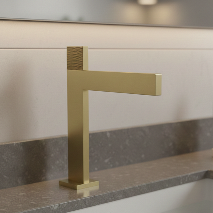 Premium Brass Tall Basin Mixer Faucet, Brushed Gold Finish (Hot & Cold) NCGF-515 – 5 Years Warranty