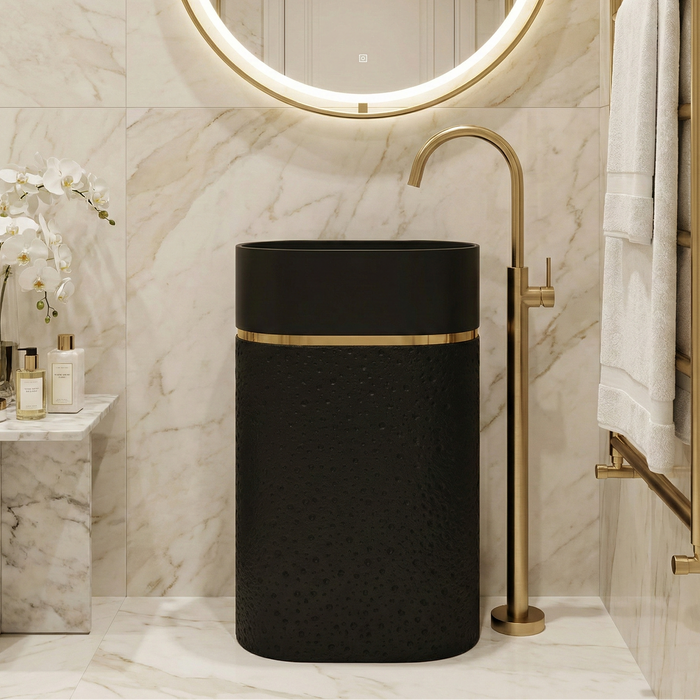 Luxury Artificial Pedestal Basin with Gold Accent | Designer Freestanding Wash Basin | 21 × 15 × 36 In Black