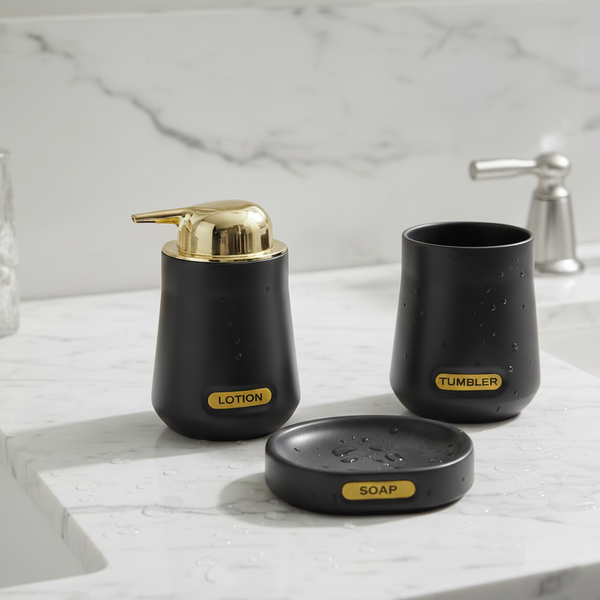 3-Piece Premium Ceramic Bathroom Accessory Set Black
