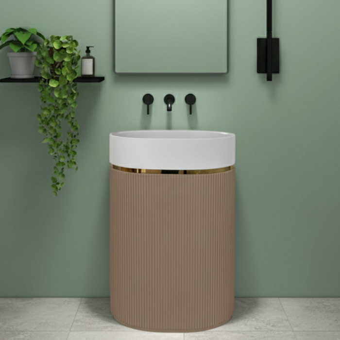 Artificial Stone Pedestal Basin – Brown Designer Floor Mounted Wash Basin | Without Tap Hole | 23.5″ × 15″ × 34″ In