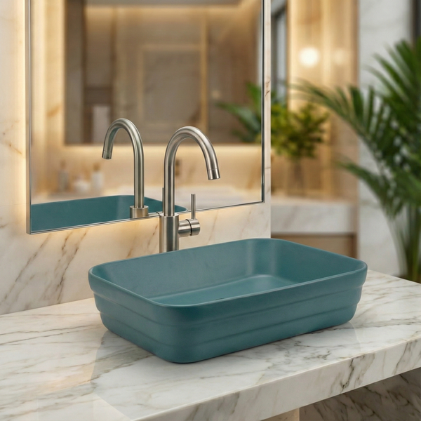 Rectangular Countertop Wash Basin | 20 × 14 × 5 Inches Designer Bathroom Sink – Glossy & Matte Finish Aqua Blue