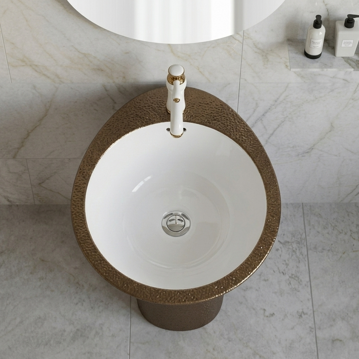 BASSINO Designer Pedestal Basin – 18″ x 16″ x 34″ In Luxury Floor Standing Ceramic Wash Basin | Textured Pedestal Sink
