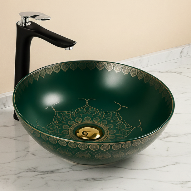 Designer Round Ceramic Countertop Basin (Matt Green With Golden Pattern –  16 x 16 x5 In- AB678)