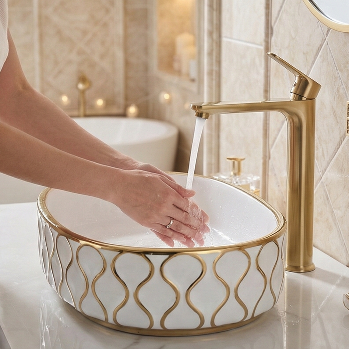 Premium Designer Ceramic Table Top Wash Basin, Gold & Black-Rose Gold Glossy (20 x 12.5 x 5.5 In)