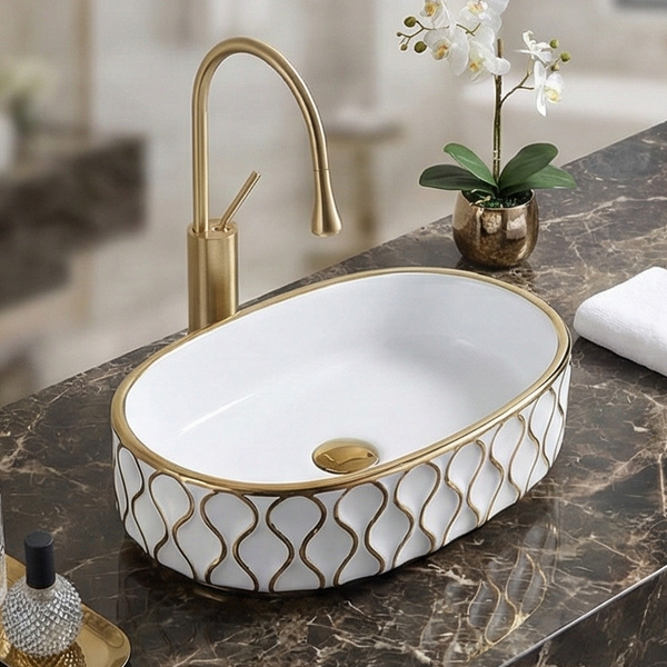 Premium Designer Ceramic Table Top Wash Basin, Gold & Black-Rose Gold Glossy (20 x 12.5 x 5.5 In) White