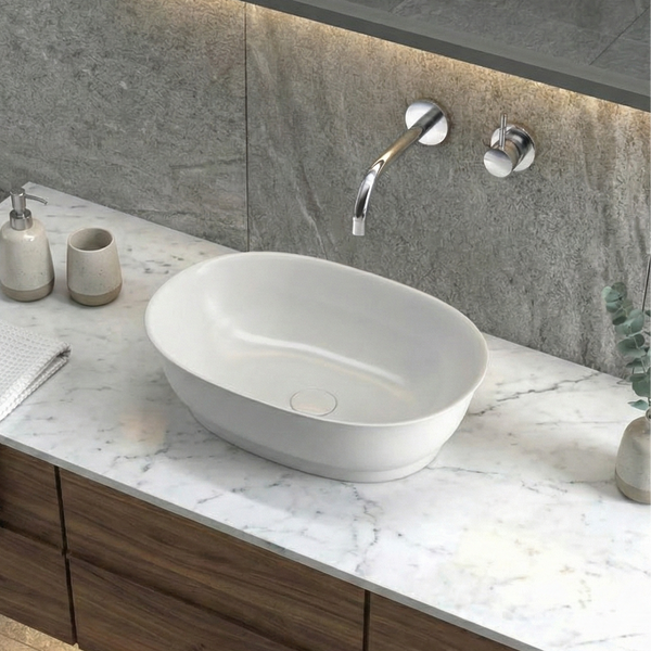 Premium Aesthetic Ceramic White Smooth Oval Table Top Basin (PETAL) (500x345x145 mm)