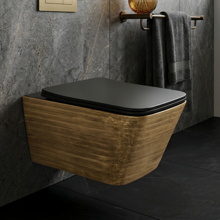 Bassino Designer Wall Hung Toilet (20 x 14 x 5 Inches) – Glossy Black Inside, Rose Gold Textured Finish