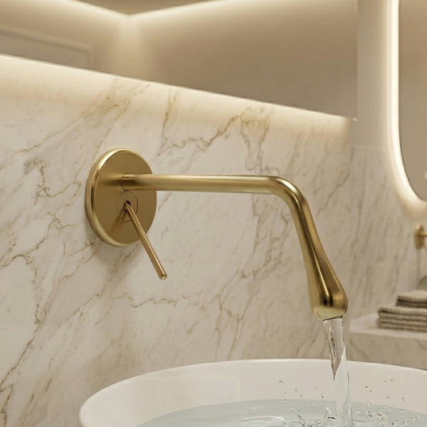 BASSINO Wall Mount Basin Mixer Tap | Brass Body | Modern faucet - 5 Years Warranty Brushed Gold