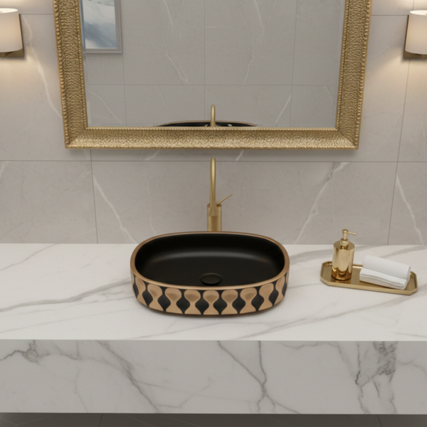 Premium Designer Ceramic Table Top Wash Basin, Black-Rosegold Matt (20 x 12.5 x 5.5 In) ZXTT/760