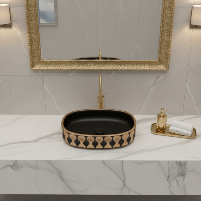 Premium Designer Ceramic Table Top Wash Basin, Black-Rosegold Matt (20 x 12.5 x 5.5 In) ZXTT/760