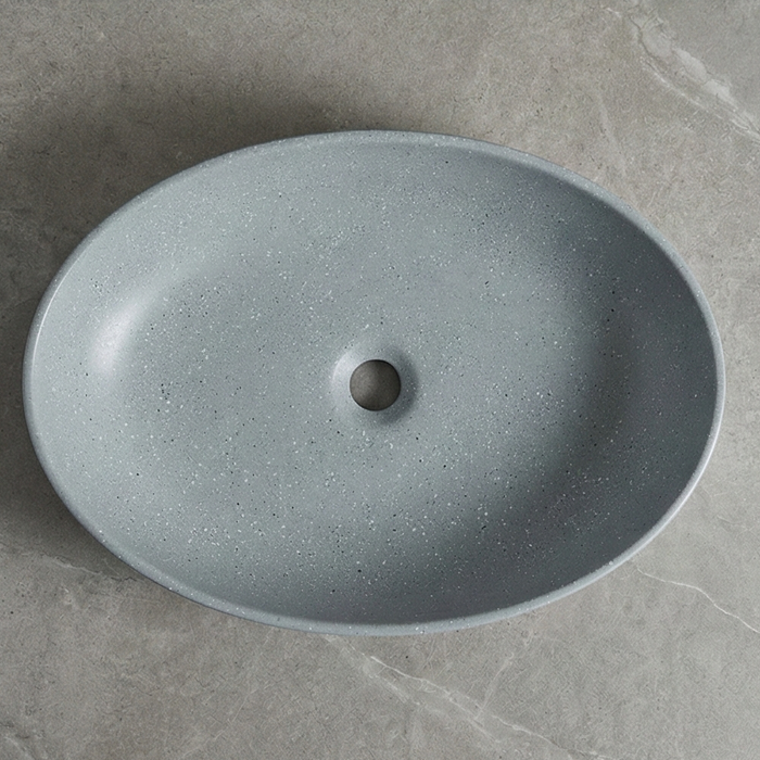 Terrazzo Matt Grey Countertop Wash Basin | Modern Oval Designer Sink (20″ × 16″ × 6″ IN)