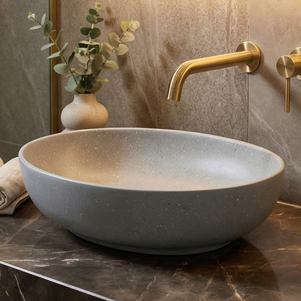 Terrazzo Matt Grey Countertop Wash Basin | Modern Oval Designer Sink (20″ × 16″ × 6″ IN)
