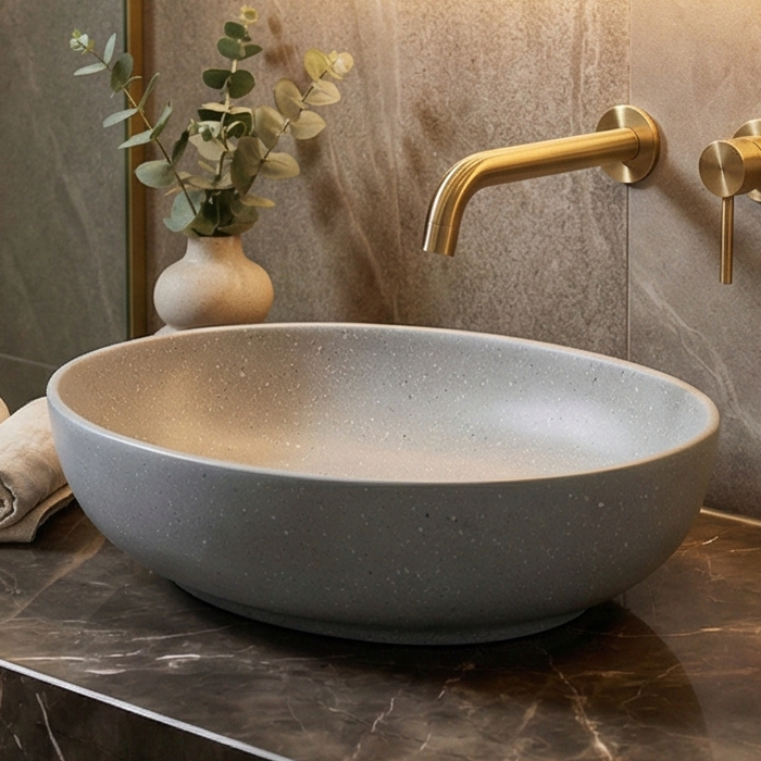 Terrazzo Matt Grey Countertop Wash Basin | Modern Oval Designer Sink (20″ × 16″ × 6″ IN)