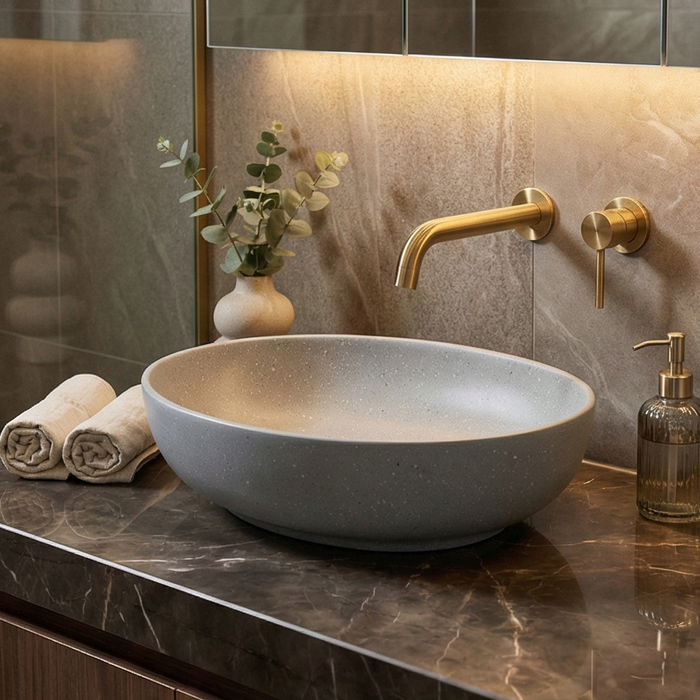 Terrazzo Matt Grey Countertop Wash Basin | Modern Oval Designer Sink (20″ × 16″ × 6″ IN)