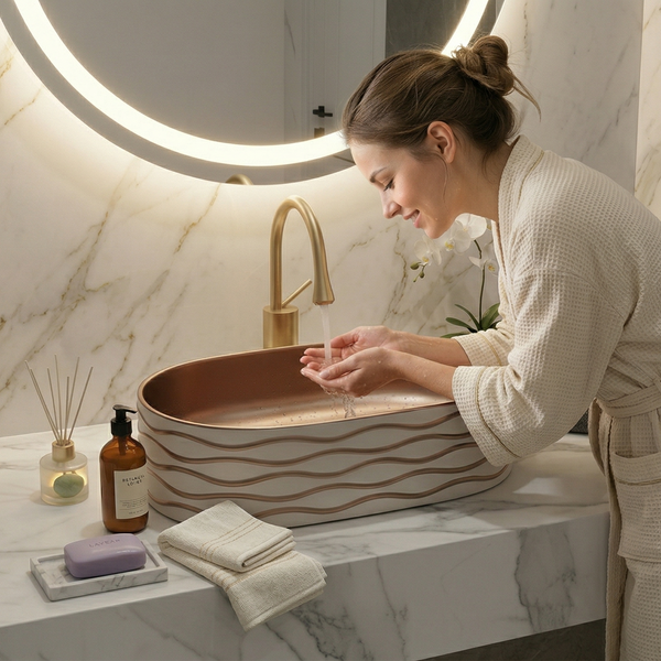 Bassino Luxury Table Top Wash Basin– 20 × 12 × 6 Inches | Matte Taupe Rose Gold Finish