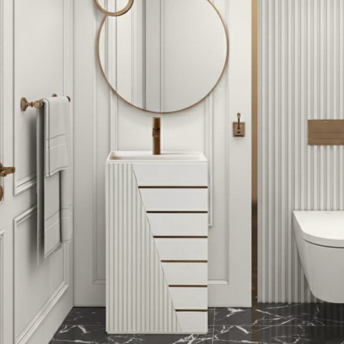 Ivory Pedestal Wash Basin with Golden Line Design & Tap Hole | Luxury Artificial Stone Basin - 19″ × 16″ × 34″ In