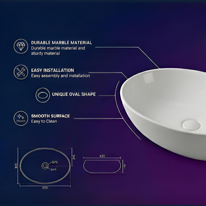 Premium Aesthetic Ceramic White Oval-Shaped Table Top Basin (OVAL) (600x420x150mm)